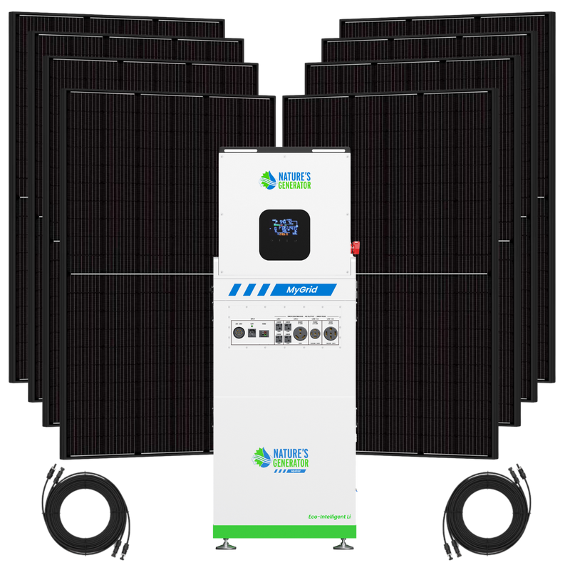 Product - Solar panel system with a central inverter and multiple solar panels on a white background