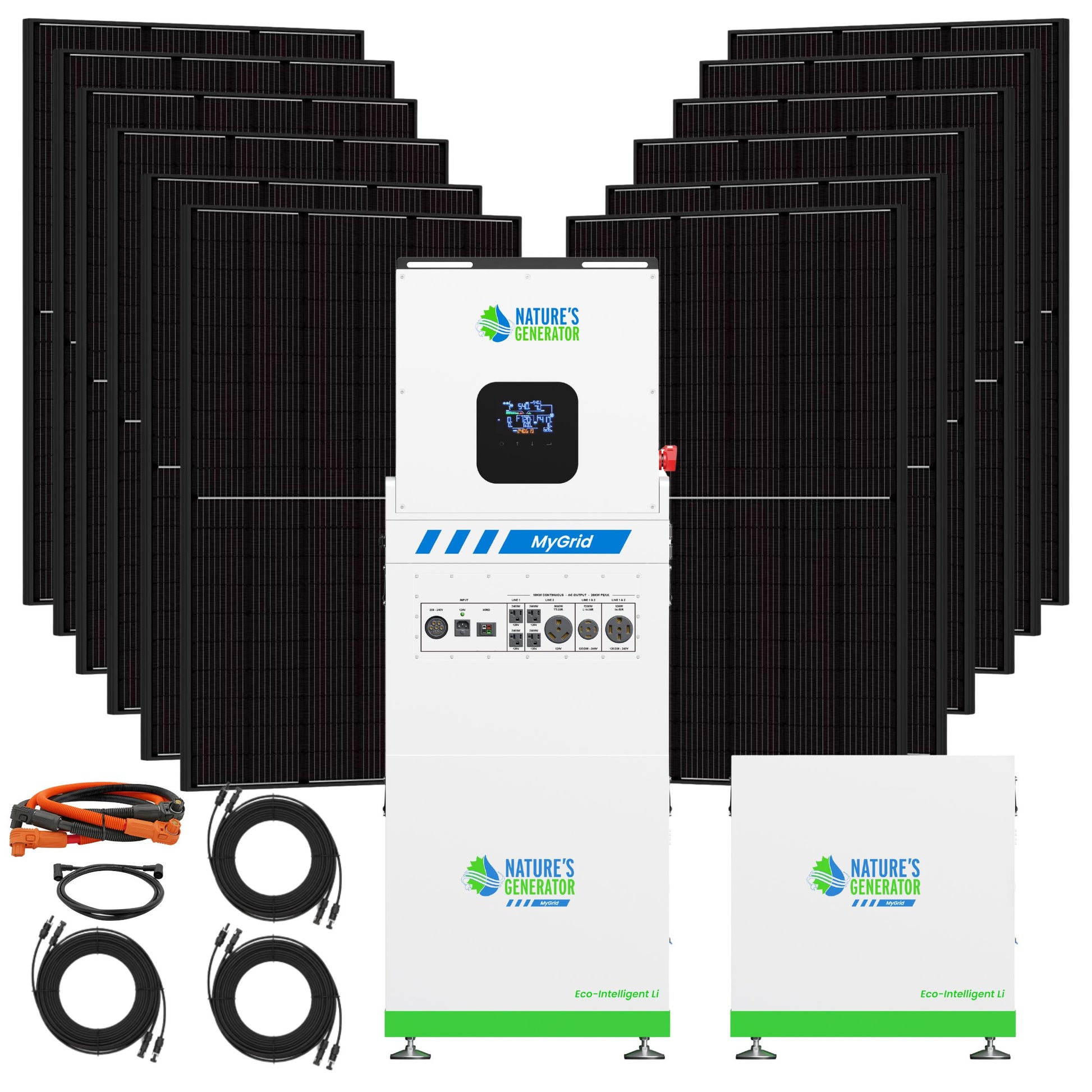 Product Solar panel system with multiple panels and a power station labeled 'Nature's Generator' on a white background.