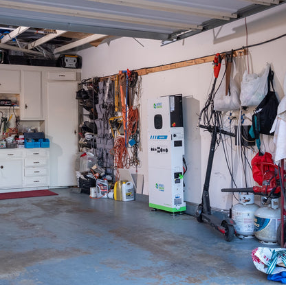 Scene 
Garage with tools, equipment, and a charging station.