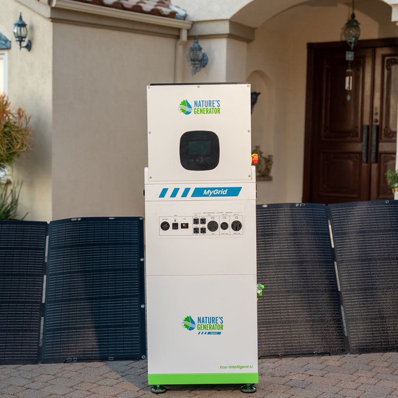 MyGrid 10k Help Center - Scene Solar battery storage system with 'Nature's Generator' branding in front of solar panels. 15