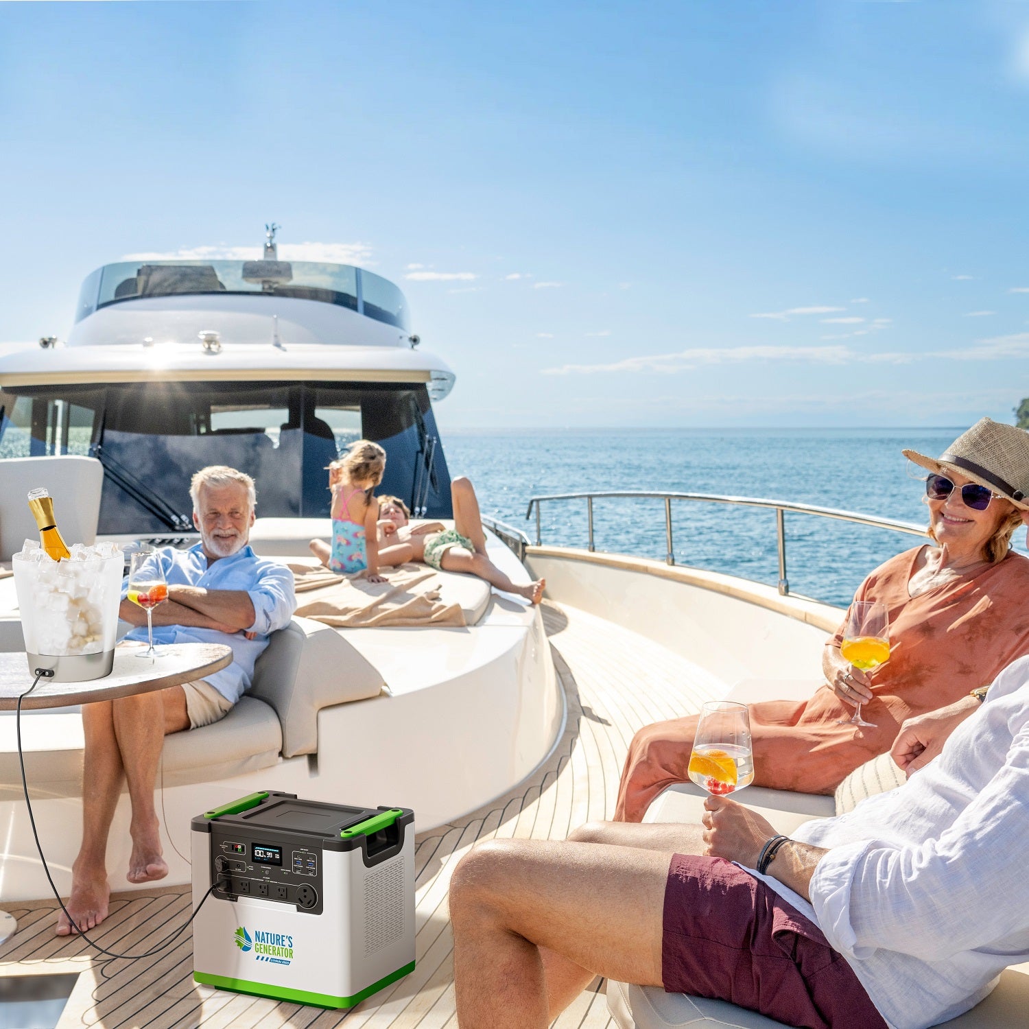Scene People enjoying a sunny day on a boat with a portable power station.