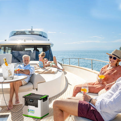 Scene People enjoying a sunny day on a boat with a portable power station.