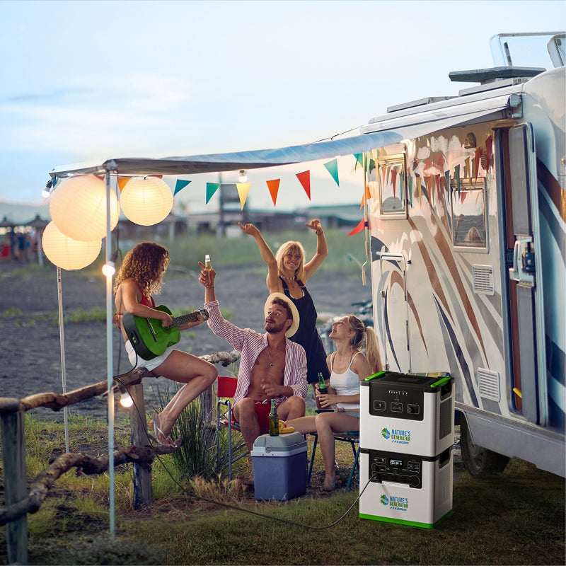 Lithium 3600 Help Center - Scene 
Group of people enjoying a campsite with an RV and a Power Station in the foreground. 19