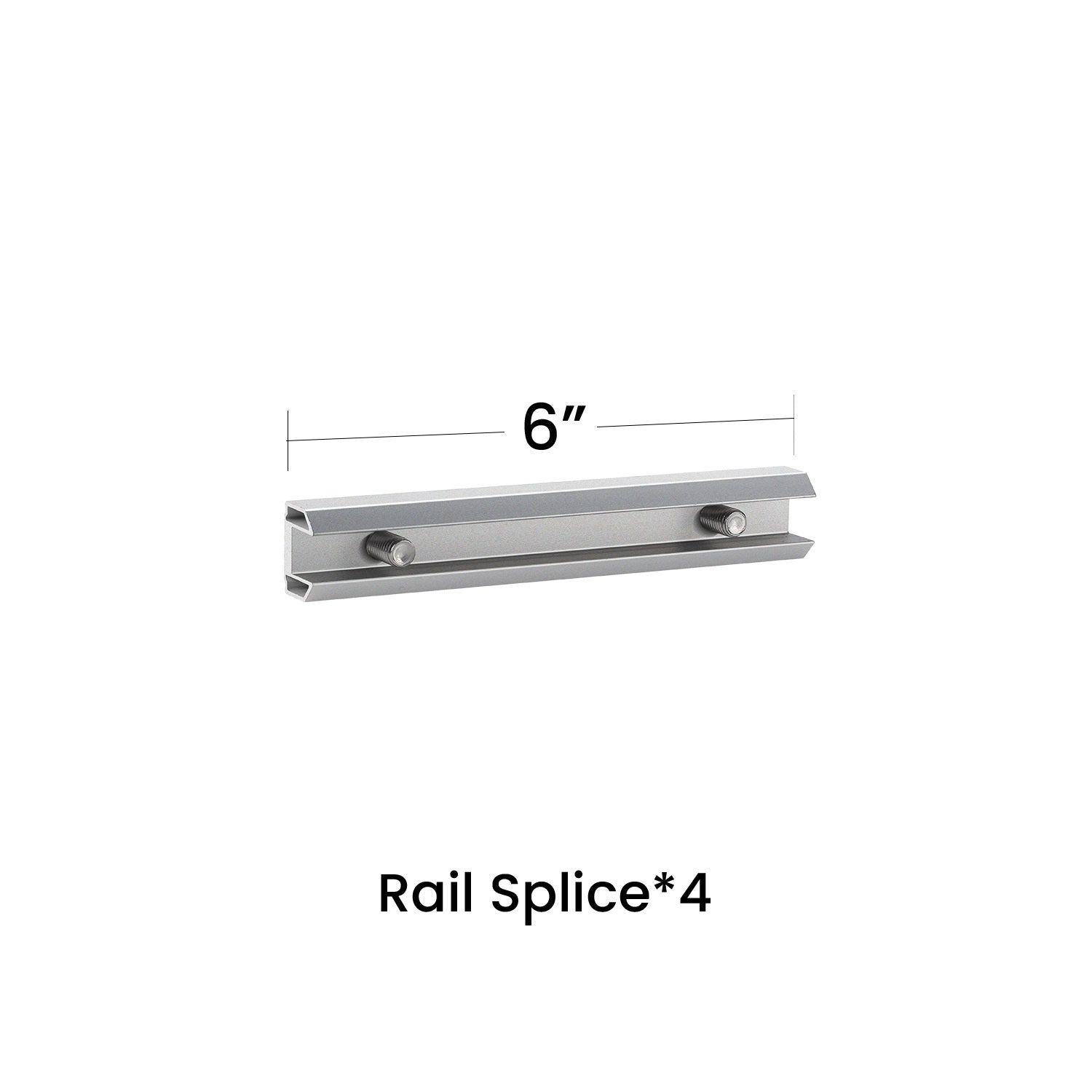 Rail splice component with measurement label on a white background