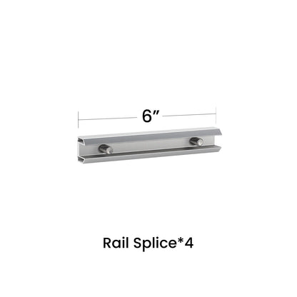 Rail splice component with measurement label on a white background