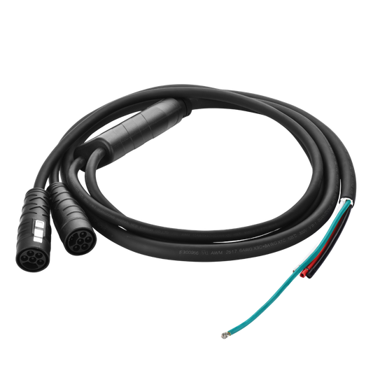 Product - Coiled black cable with connectors on a white background