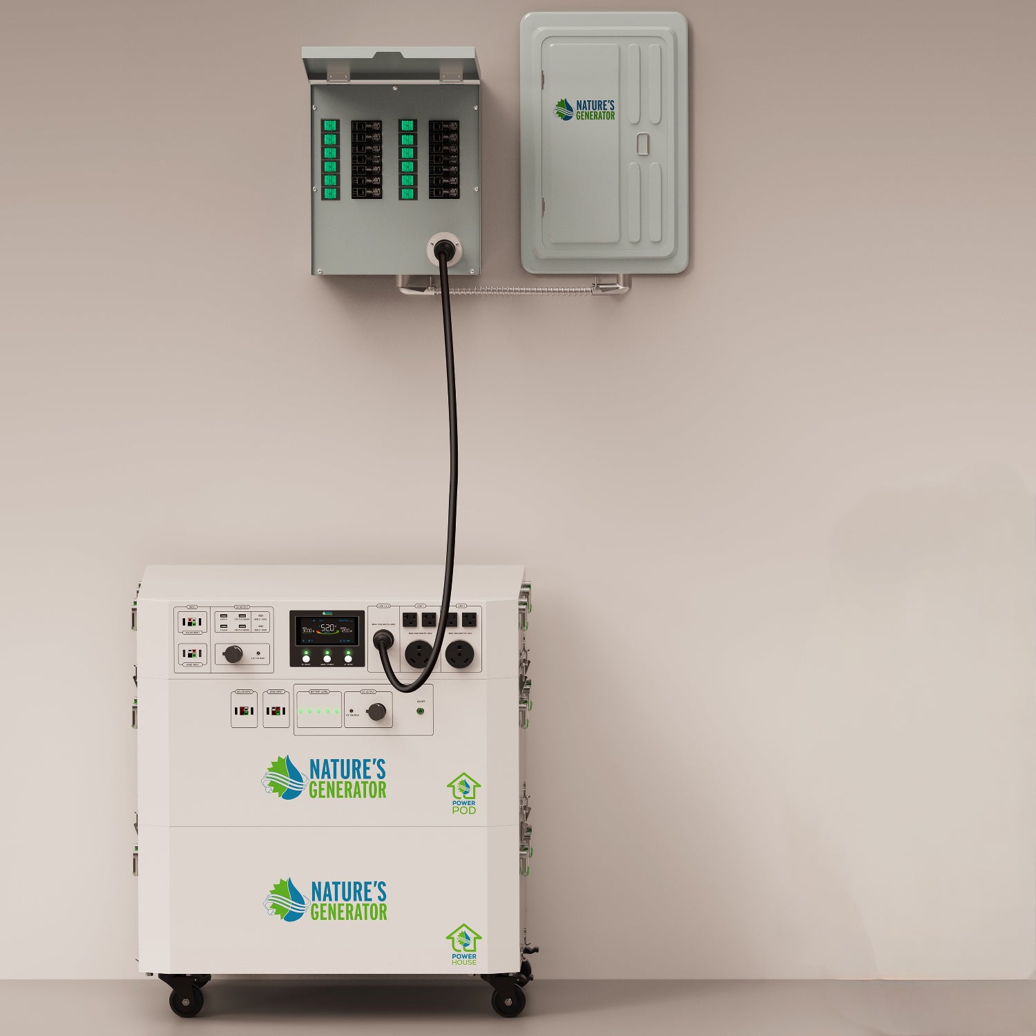 Scene - Portable power station with cables and control panel on a beige background
