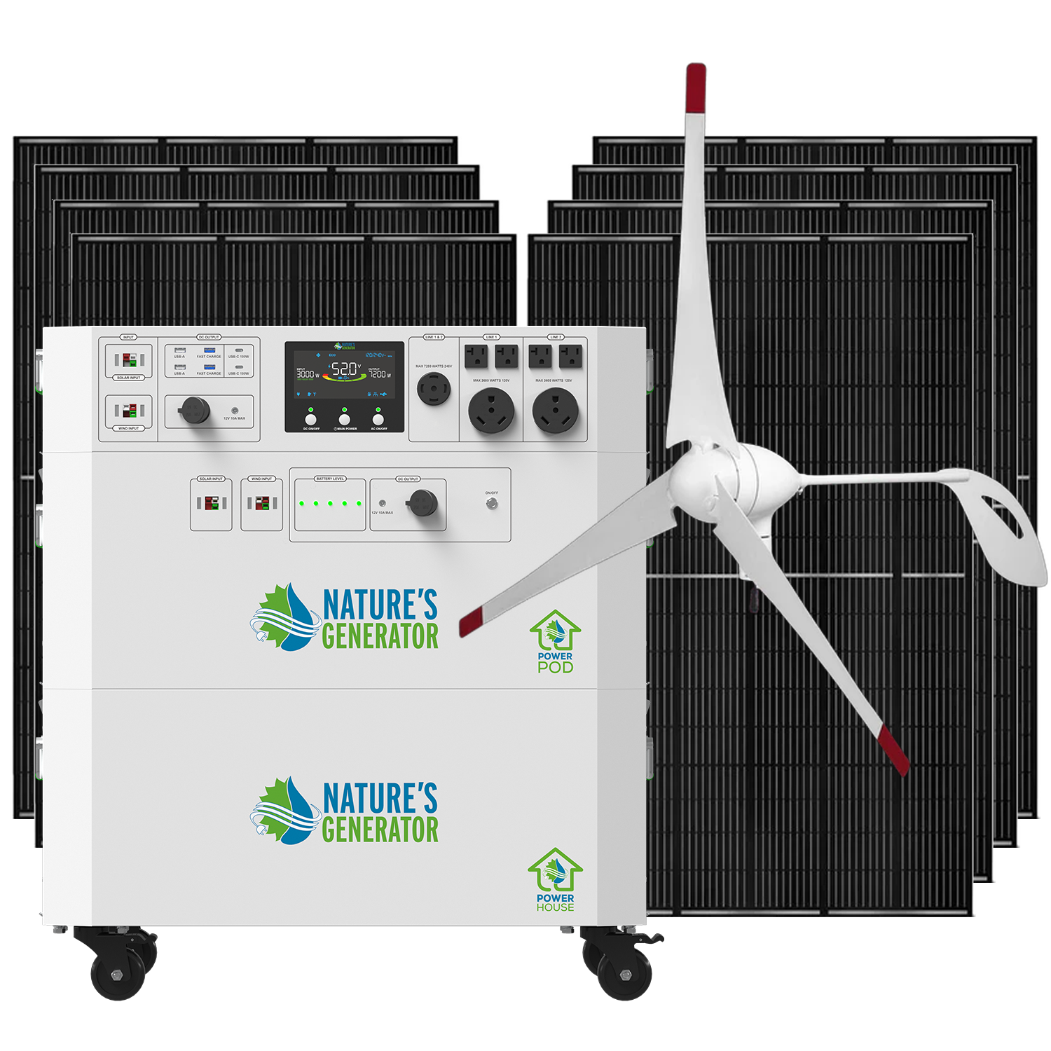 Product - Nature's Generator Powerhouse and Power Pod with 8x 410W Rigid Panel and 350W Wind Turbine