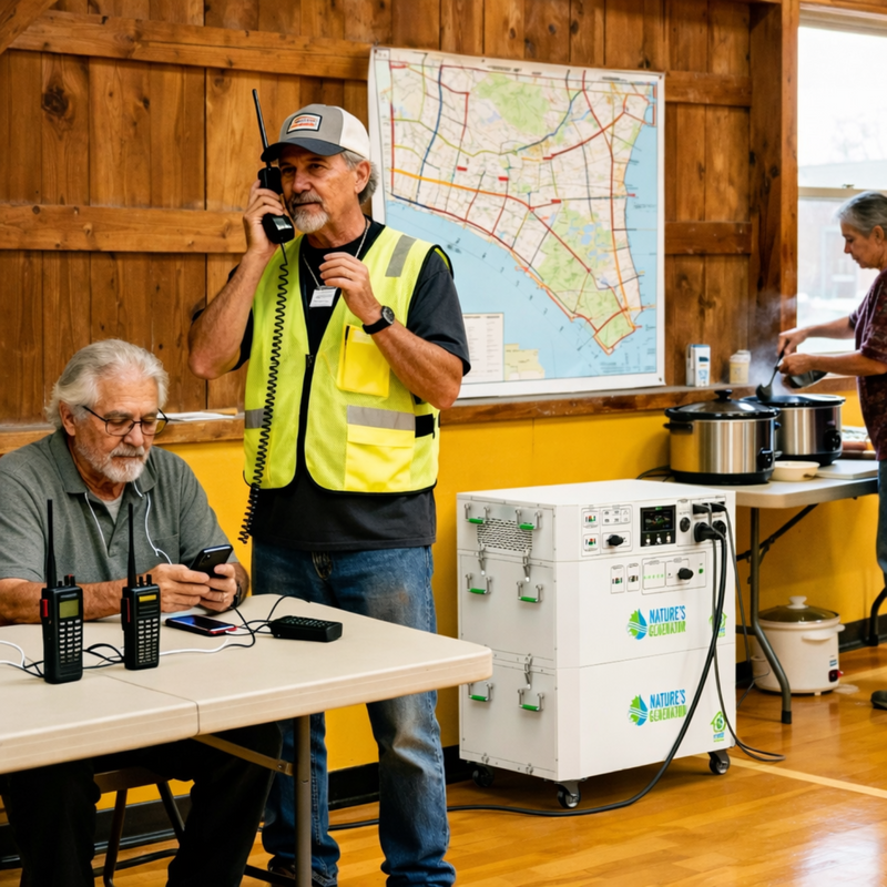 Powerhouse Help Center - Scene - Man in a yellow safety vest using a walkie-talkie in a room with tables, Powerhouse, and a map on the wall. 22