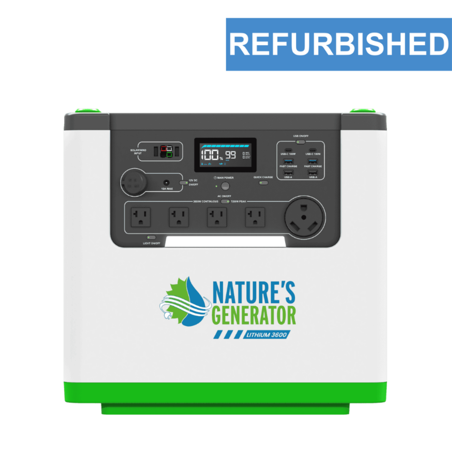 Product - Power station with 'Nature's Generator' logo and 'Refurbished' label on a white background