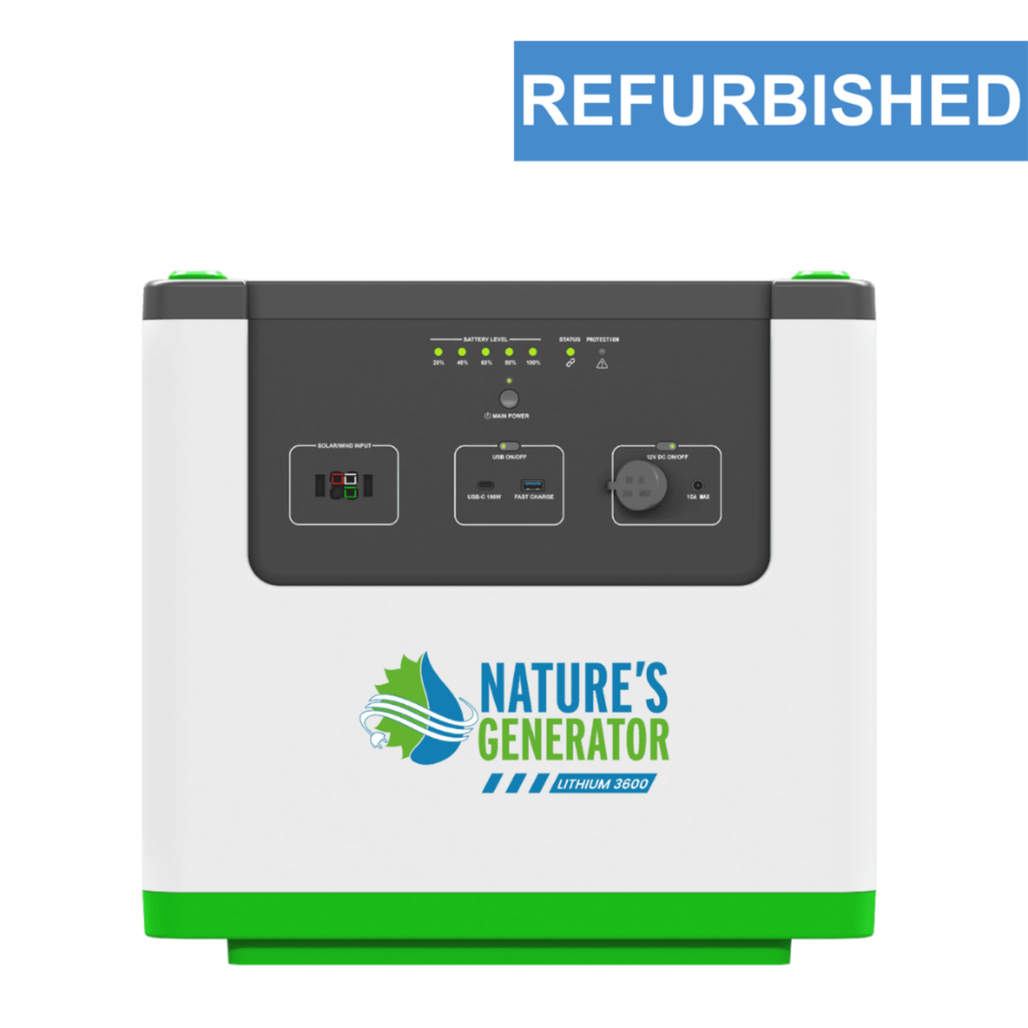Product - Nature's Generator lithium battery on a white background with 'Refurbished' label above.
