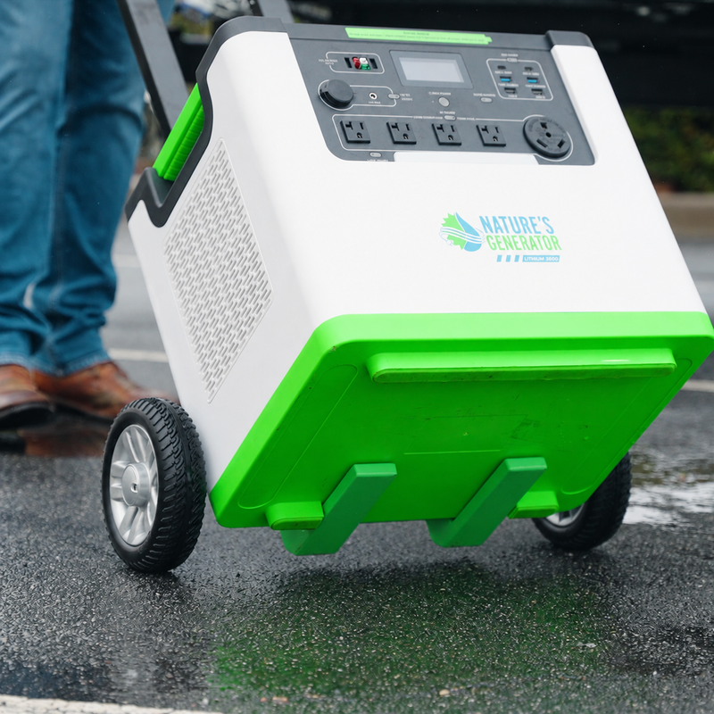 Lithium 3600 Help Center - Scene - A Nature's Generator portable power station with green and white panels, wheeled design, and a control panel, being pushed on wet pavement by a person whose legs are partially visible. 23