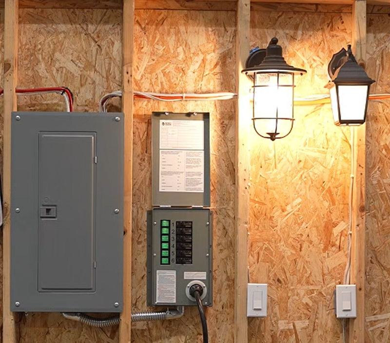 120V 30A 6-Circuit Non-Automatic Transfer Switch - Scene - Electrical panels and outdoor lights on a wooden wall 13