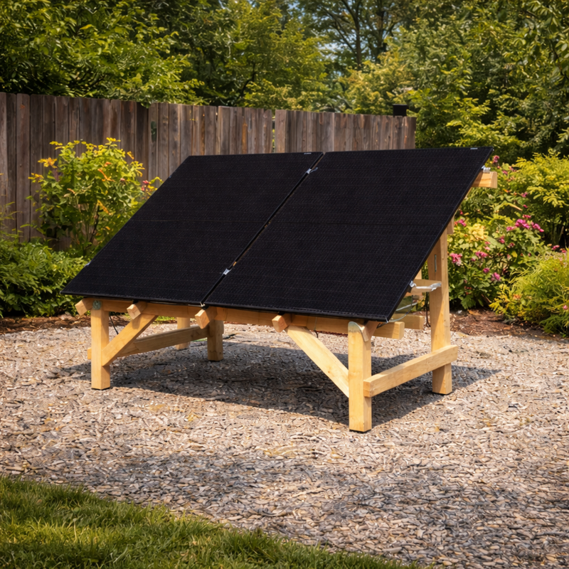 Nature's Generator Powerhouse Power Addition - Scene - Solar panel on a wooden stand outdoors with greenery in the background 12