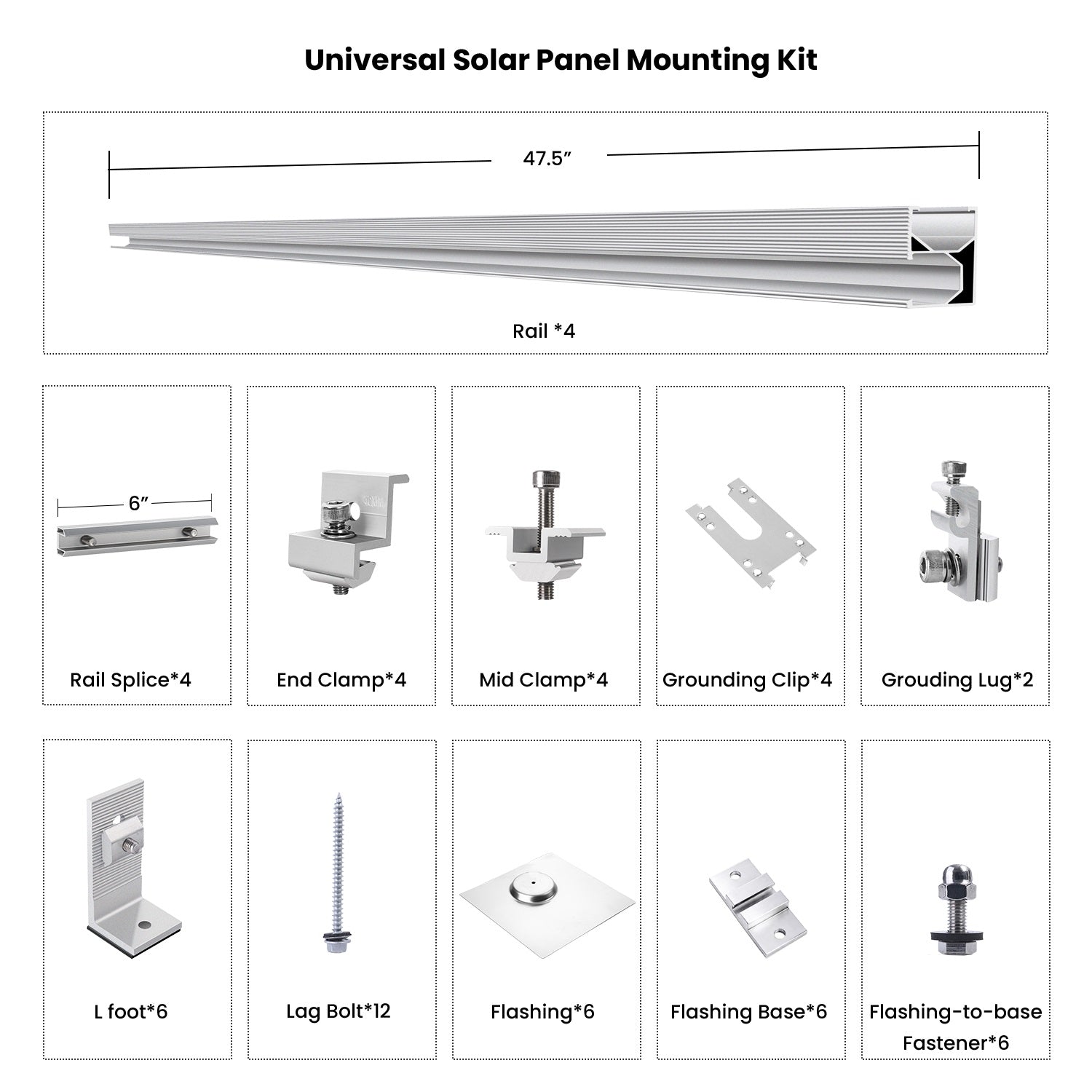 Universal Solar Panel Mounting Kit with components and dimensions on a white background