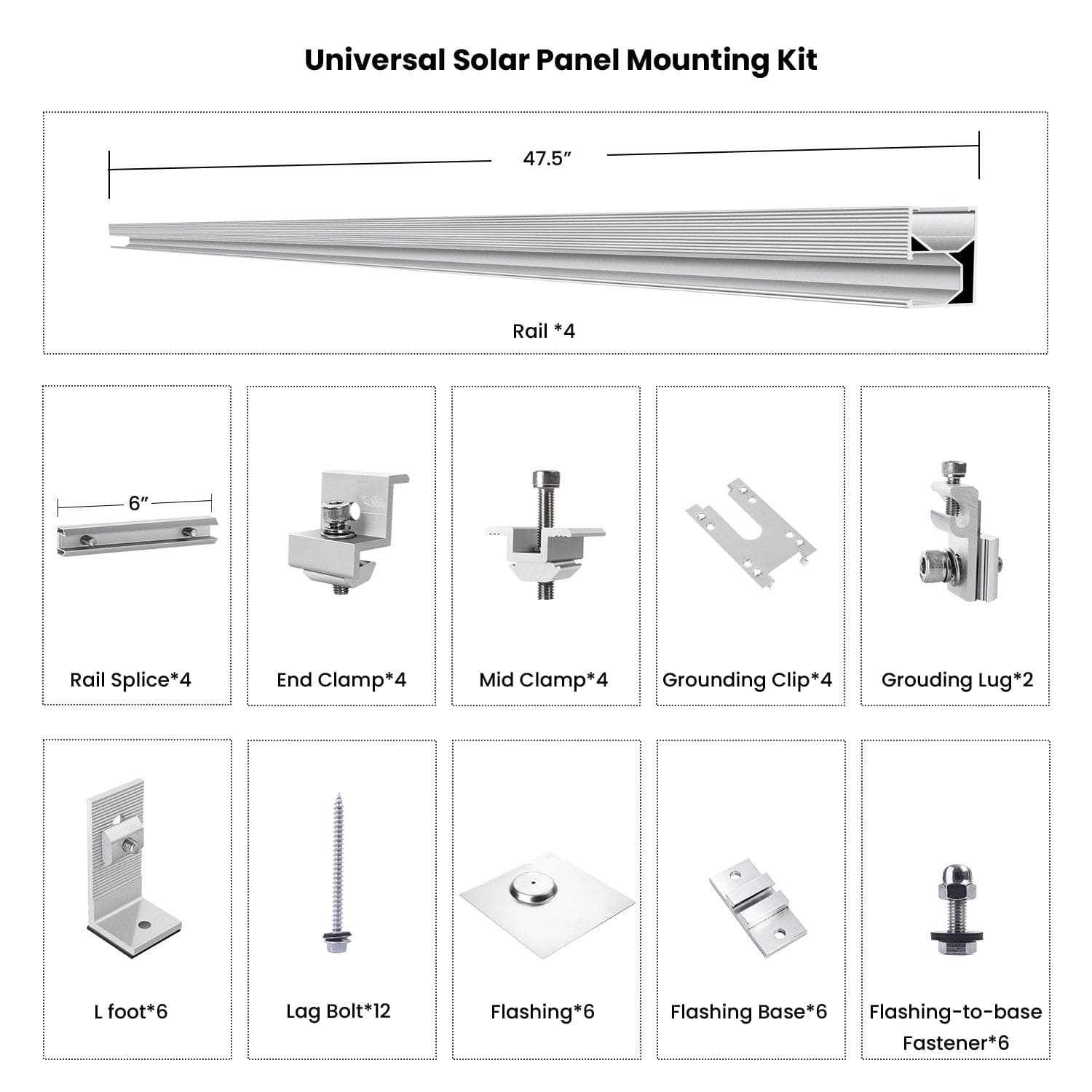 Universal Solar Panel Mounting Kit with components and dimensions on a white background