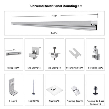 Universal Solar Panel Mounting Kit with components and dimensions on a white background