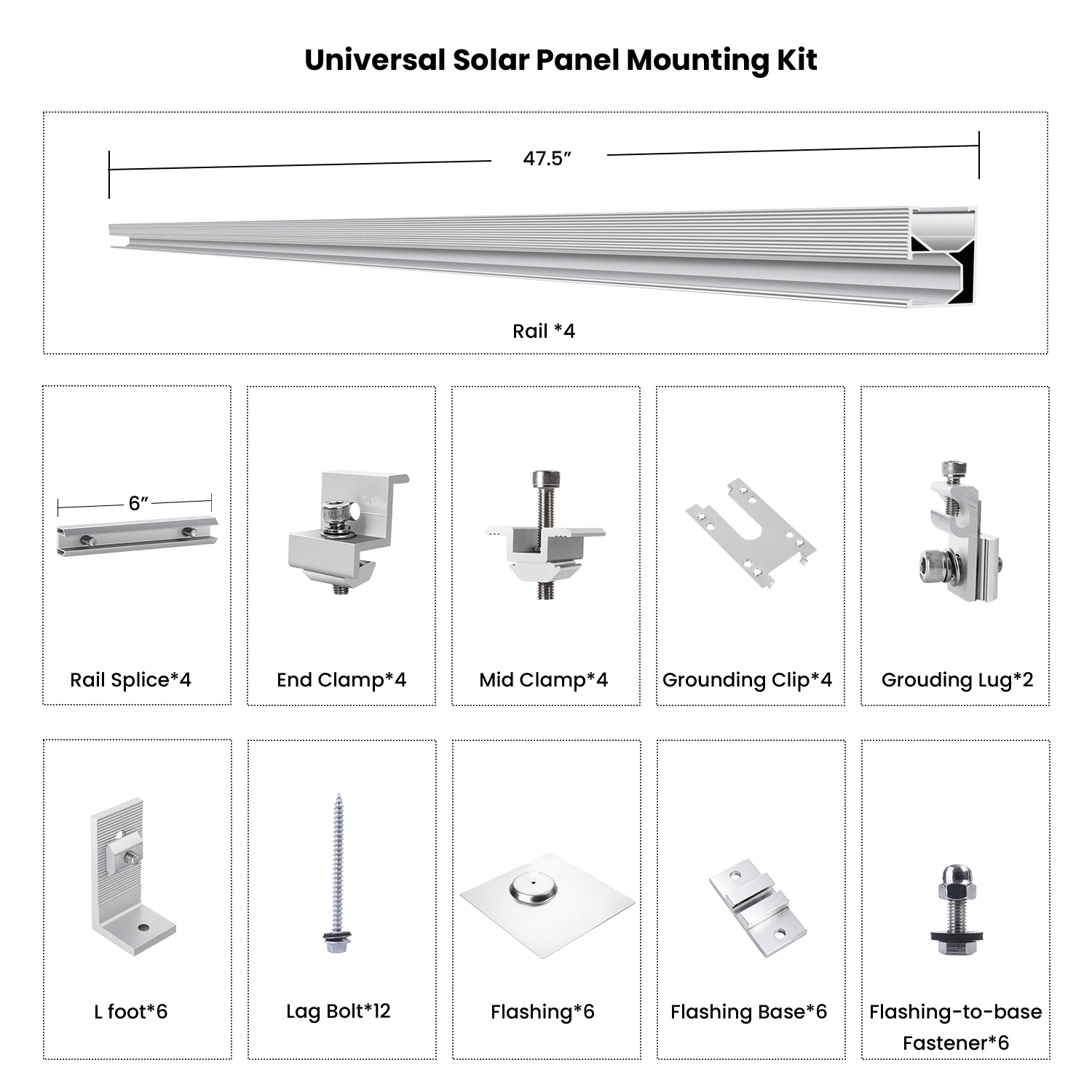 Product - Universal Solar Panel Mounting Kit with components and dimensions on a white background