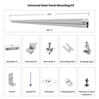 Product - Universal Solar Panel Mounting Kit with components and dimensions on a white background