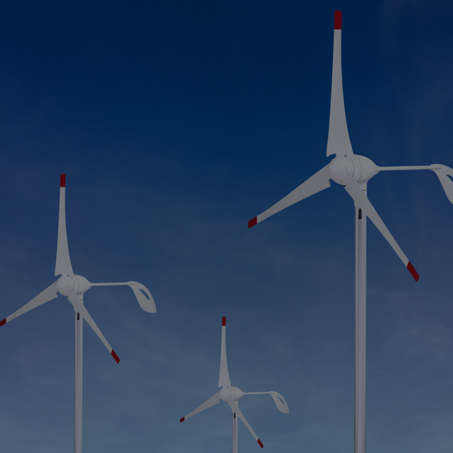 Scene - Three white wind turbines against a blue sky