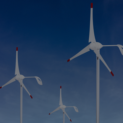 Scene - Three white wind turbines against a blue sky