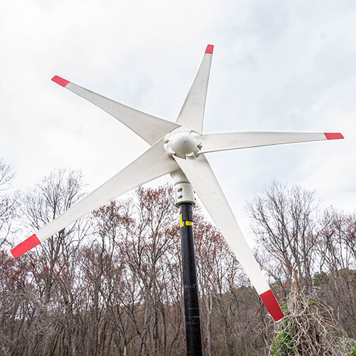 Scene - Wind turbine with red blades against a backdrop of leafless trees and a cloudy sky.
