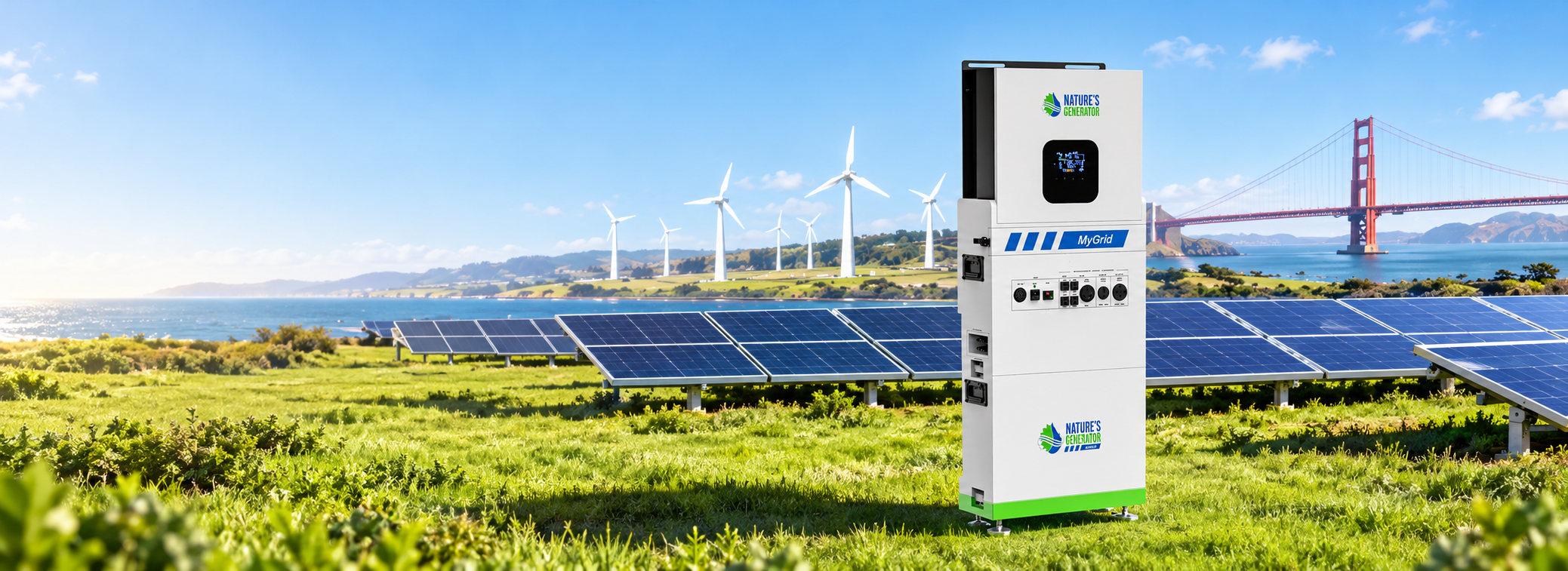 Nature's Generator power station in a solar field with the Golden Gate Bridge
